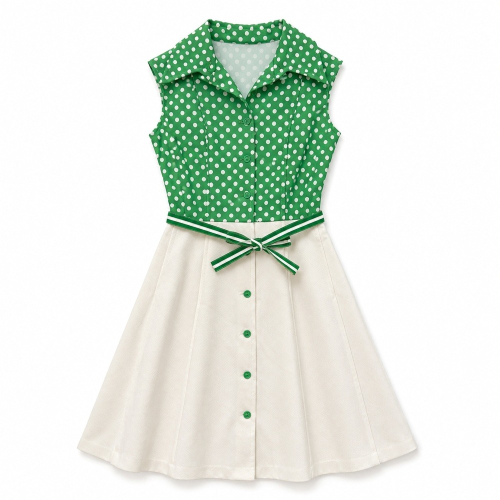 Vtg 70s Polka Dot Belt Dress Green White Mod Belted Psychedelic Retro S